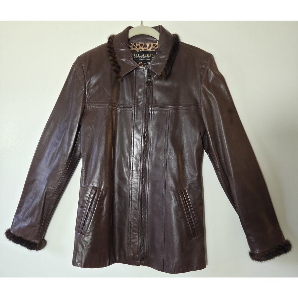 St Saint John Marie Gray Leather Mink Trimmed Jacket Full Zip Satin Lined Sz S